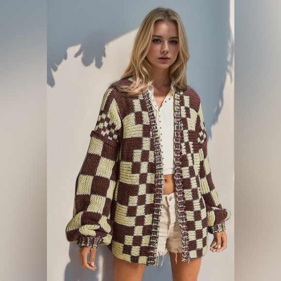 Double Take Full Size Open Front Checkered Drop Shoulder Cardigan 10010080504 - Picture 3 of 6